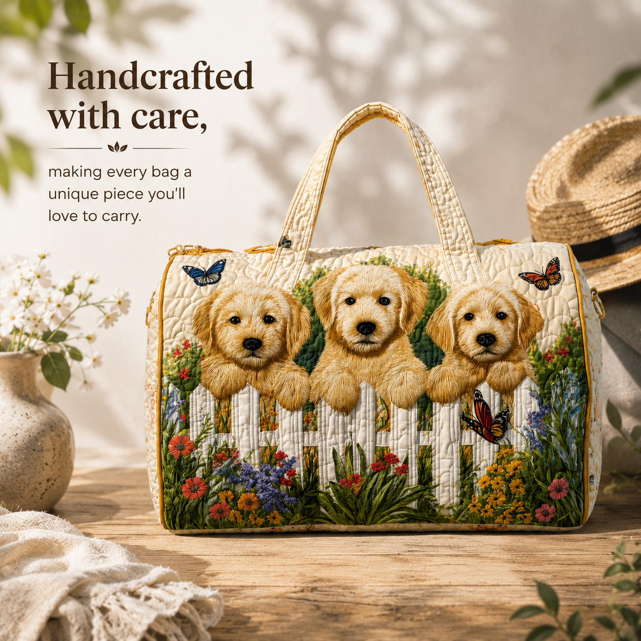 🐕 Golden Retriever Garden Tote Bag – Handcrafted with Care