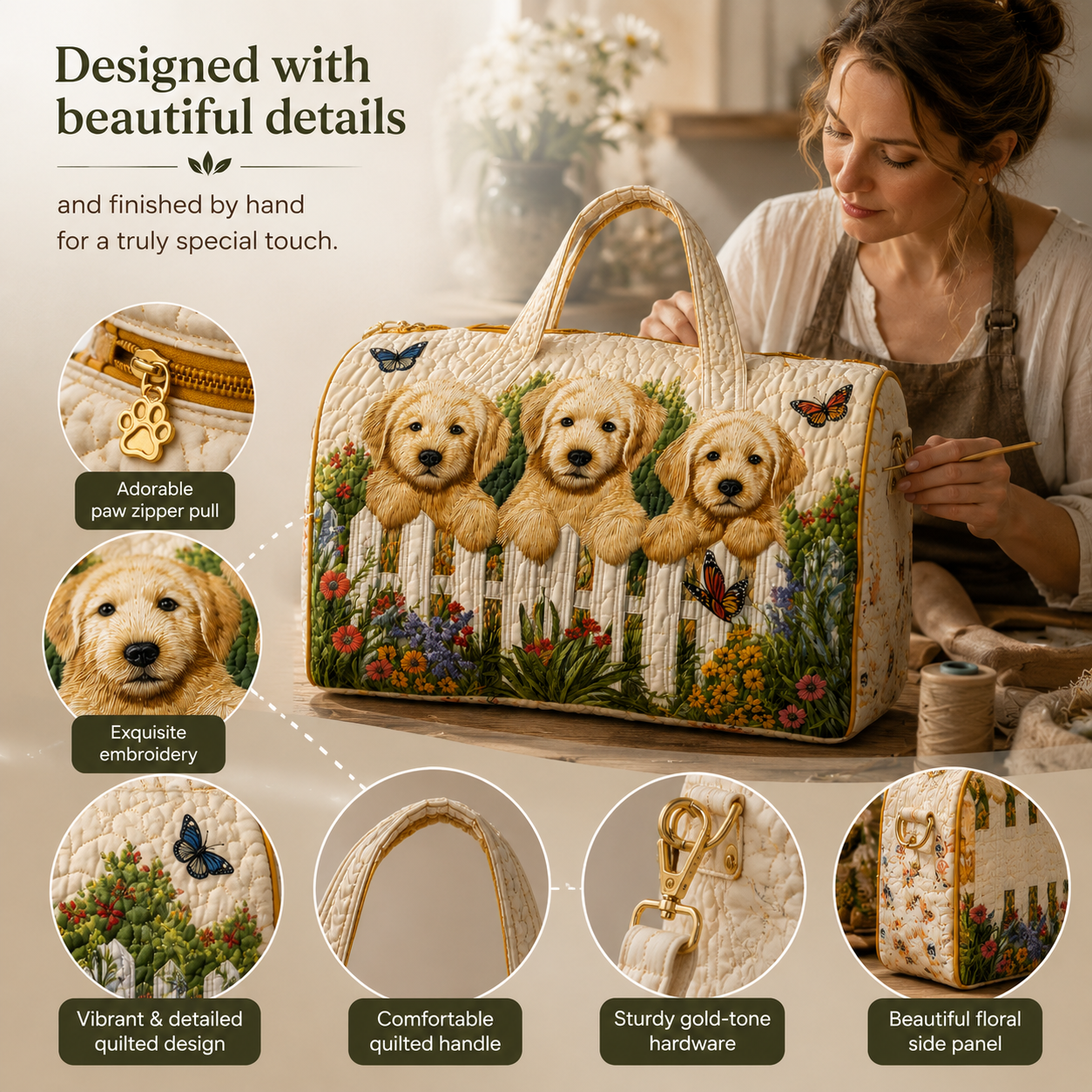 🐕 Golden Retriever Garden Tote Bag – Handcrafted with Care